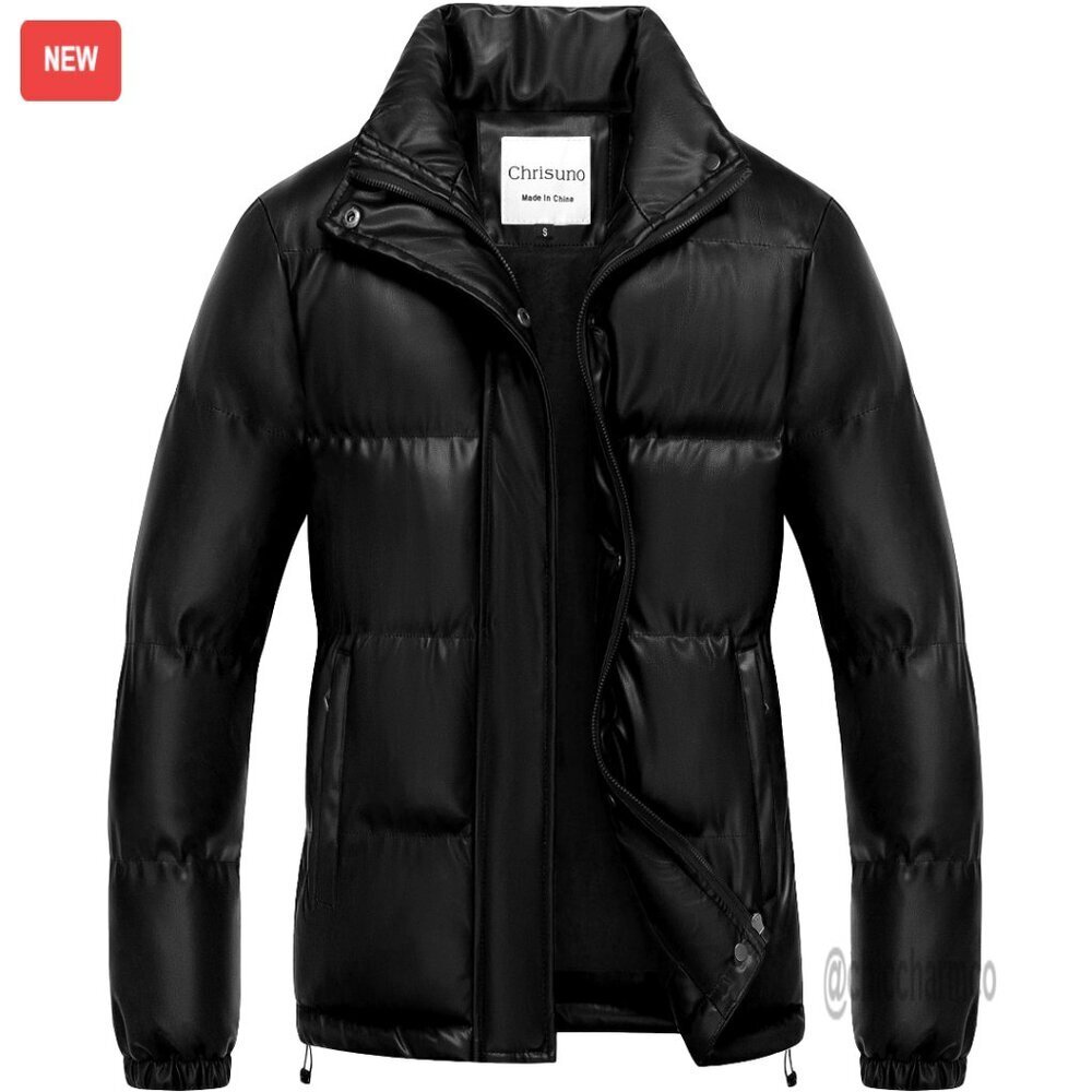 Women's Faux Leather Puffer Jacket Fleece Lined Waterproof Winter Coat